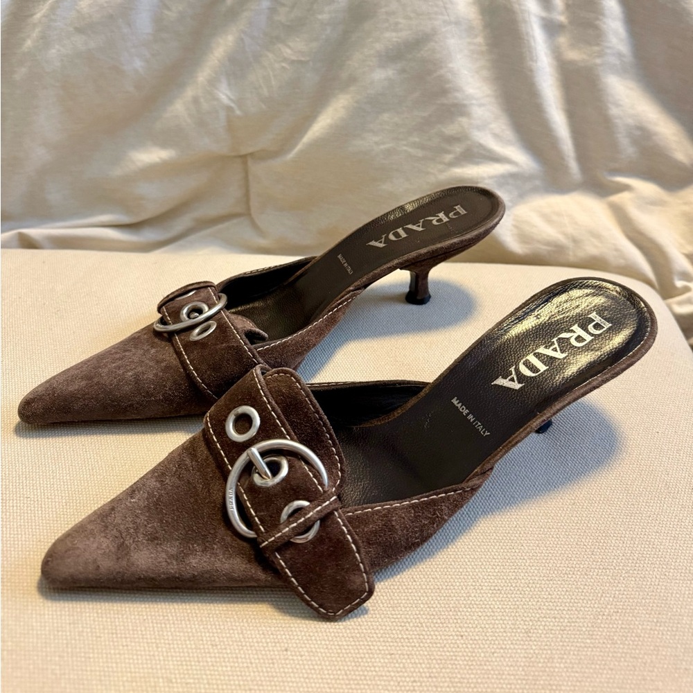 Prada suede pointed kitten heel mules in brown with silver accents